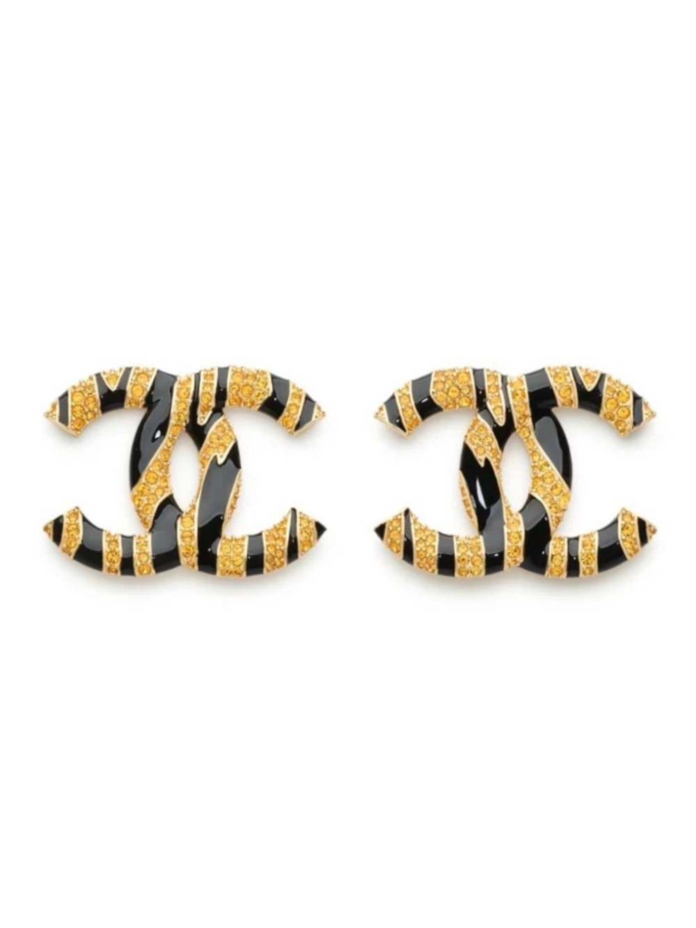 Chanel 26A Gold Crystal Black Leopard Cheetah CC Logo Dangle Drop Stud Earrings